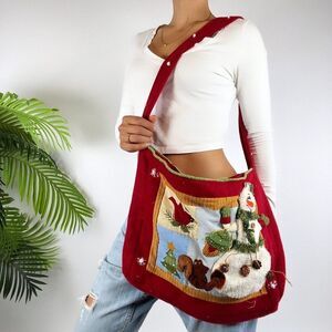 Vintage 90s Red Boho Cottagecore Christmas Snowman Holiday Tote Bag Purse